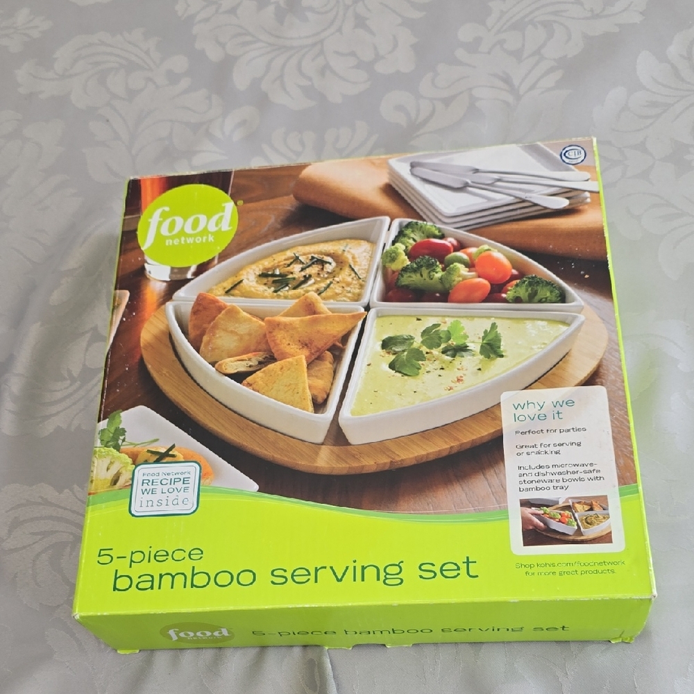 Food Network 5 Piece Stoneware Bowls Bamboo Tray Serving Set